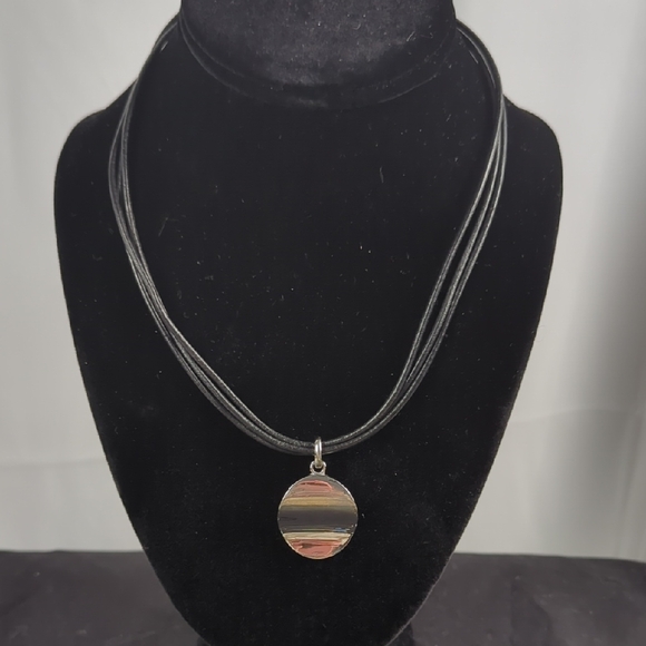 Jewelry - Multi-Strand Black Cord Necklace with Striped Round Pendant